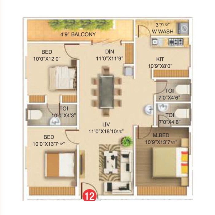 Floor plan of 3 BHK 1663 Sq. Ft. Apartment in Hemadurga Jewel County, Vijayawada