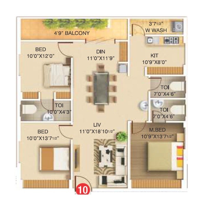 Floor plan of 3 BHK 1877 Sq. Ft. Apartment in Hemadurga Jewel County, Vijayawada