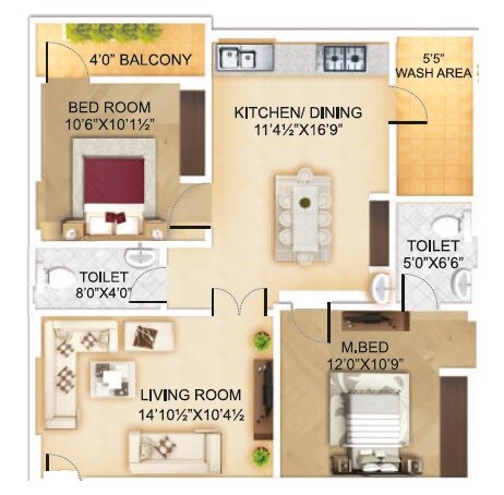 Floor plan of 2 BHK 1070 Sq. Ft. Apartment in Himaja Pushkara Enclave, Vijayawada