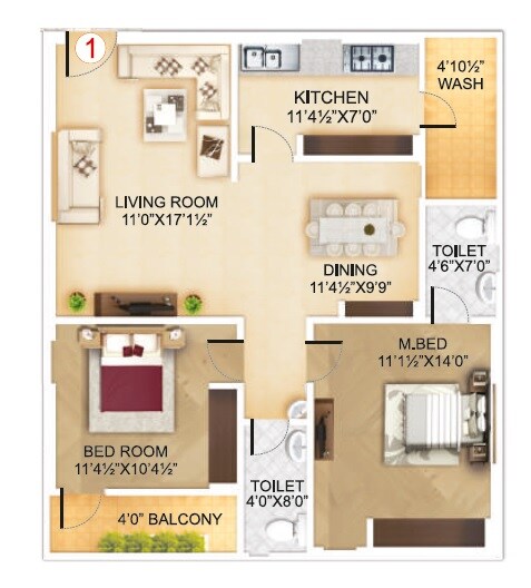 Floor plan of 2 BHK 1185 Sq. Ft. Apartment in Himaja Pushkara Enclave, Vijayawada