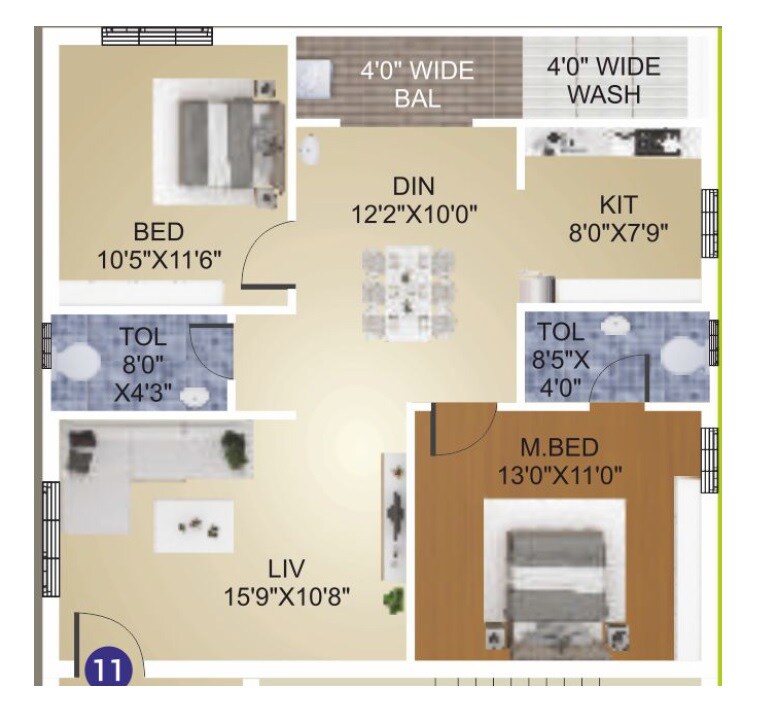 Floor plan of 2 BHK 1220 Sq. Ft. Apartment in Himaja Yukta Avenue, Vijayawada