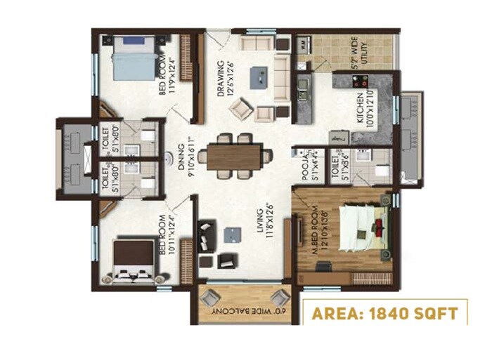 Floor plan of 3 BHK Apartment - 1380 sq. ft. in Jayabheri The Capital, Vijayawada