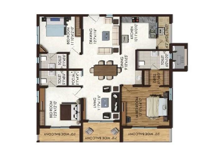 Floor plan of 3 BHK Apartment - 1406 sq. ft. in Jayabheri The Capital, Vijayawada