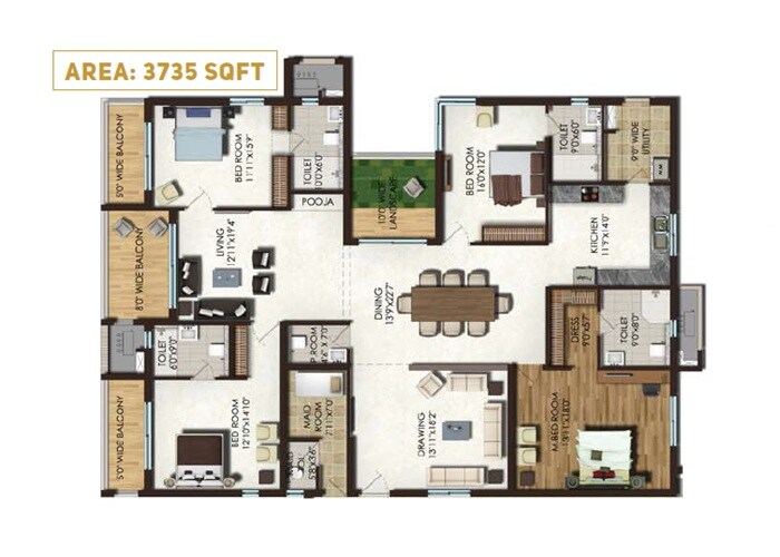 Floor plan of 4 BHK Apartment - 2801 sq. ft. in Jayabheri The Capital, Vijayawada