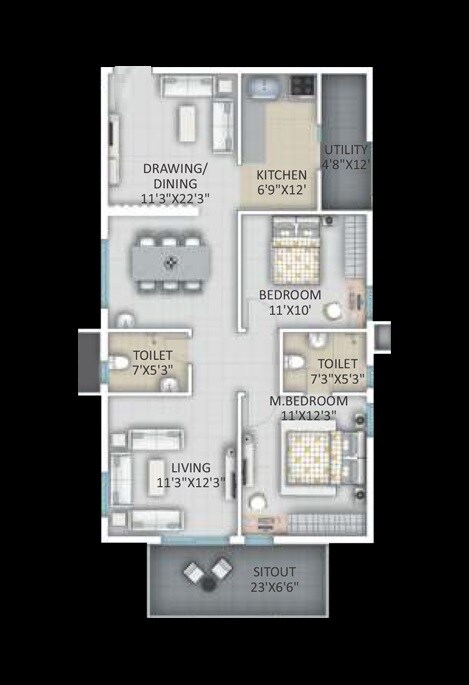 Floor plan of 2 BHK 1336 Sq. Ft. Apartment in JMC The Skigh, Vijayawada