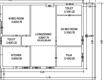 Floor plan of 2 BHK 1445 Sq. Ft. Apartment in Jyothi JJ Enclave, Vijayawada