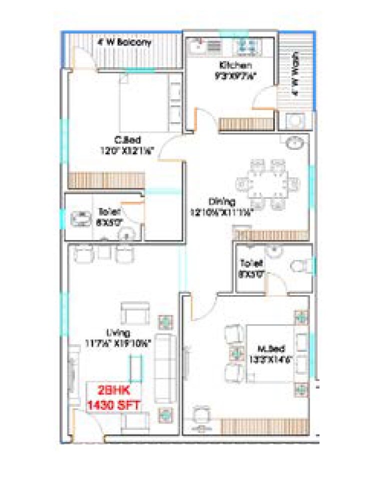 Floor plan of 2 BHK 1430 Sq. Ft. Apartment in Keystone Blooms, Vijayawada