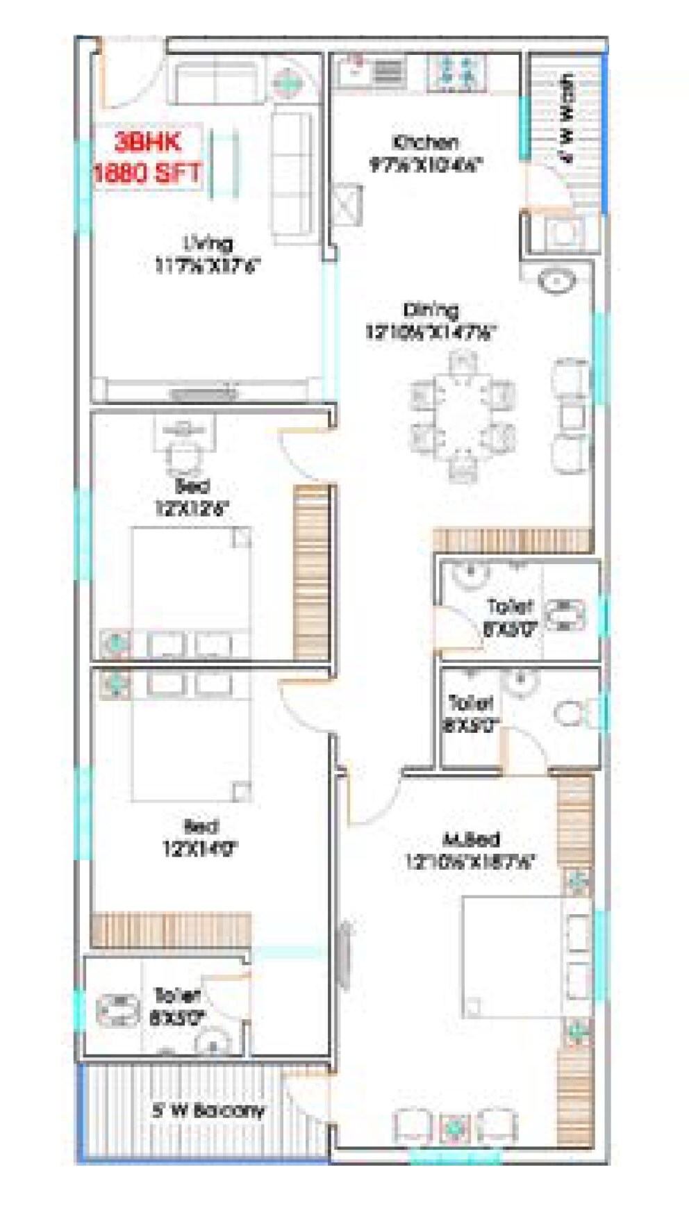 Floor plan of 3 BHK 1880 Sq. Ft. Apartment in Keystone Blooms, Vijayawada