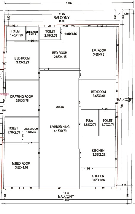 Floor plan of 4 BHK 2860 Sq. Ft. Apartment in KP Satguru Grandeur, Vijayawada