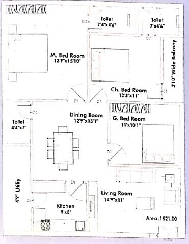 Floor plan of 3 BHK 1521 Sq. Ft. Apartment in Laasya Grandiose, Vijayawada