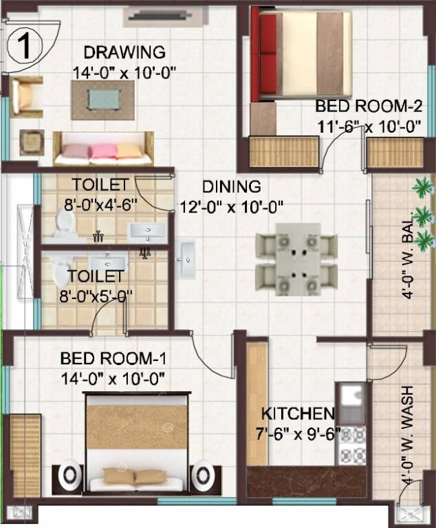 Floor plan of 2 BHK 1070 Sq. Ft. Apartment in Manjeera Monarch, Vijayawada