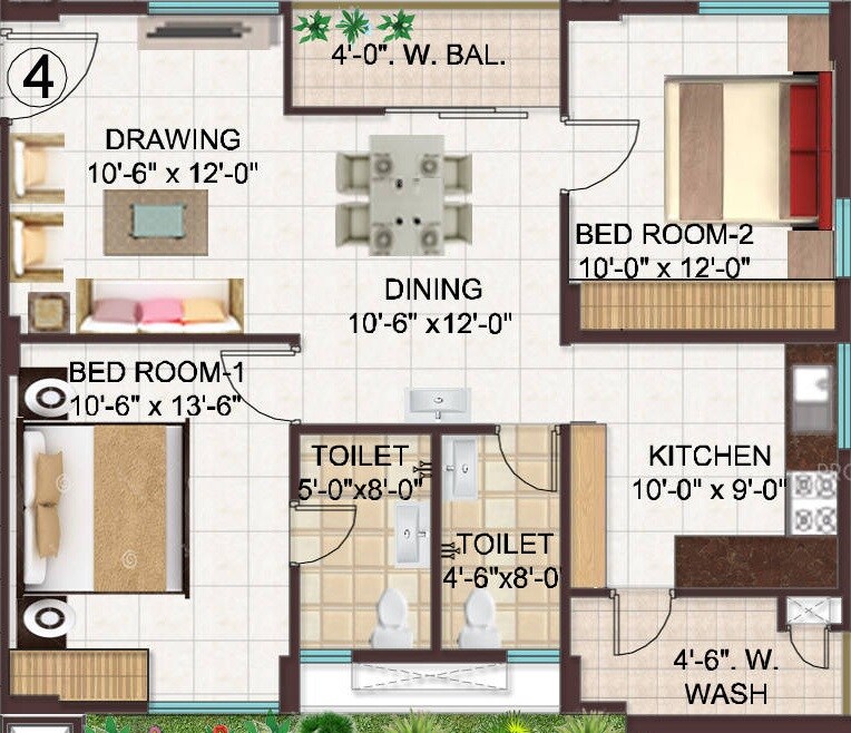 Floor plan of 2 BHK 1080 Sq. Ft. Apartment in Manjeera Monarch, Vijayawada
