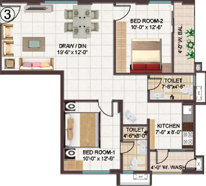 Floor plan of 2 BHK 1147 Sq. Ft. Apartment in Manjeera Monarch, Vijayawada