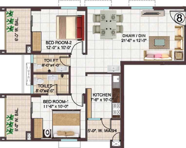 Floor plan of 2 BHK 1239 Sq. Ft. Apartment in Manjeera Monarch, Vijayawada