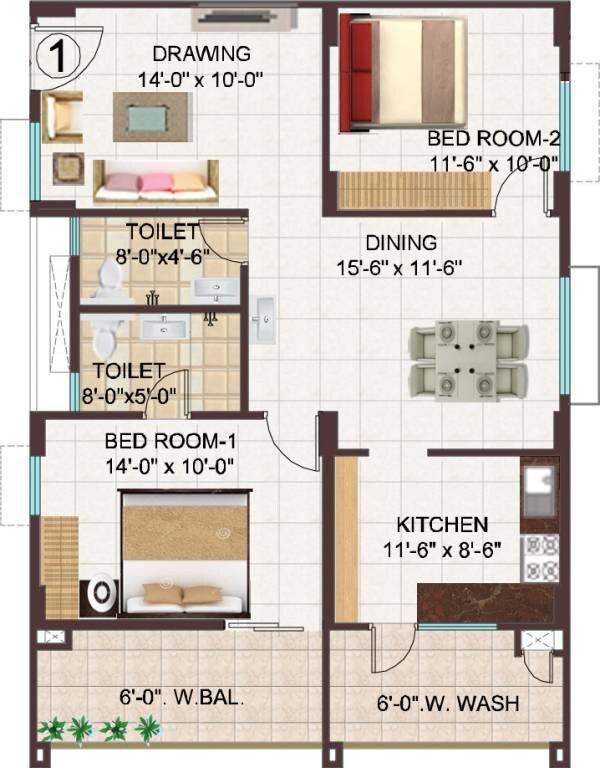 Floor plan of 2 BHK 1276 Sq. Ft. Apartment in Manjeera Monarch, Vijayawada
