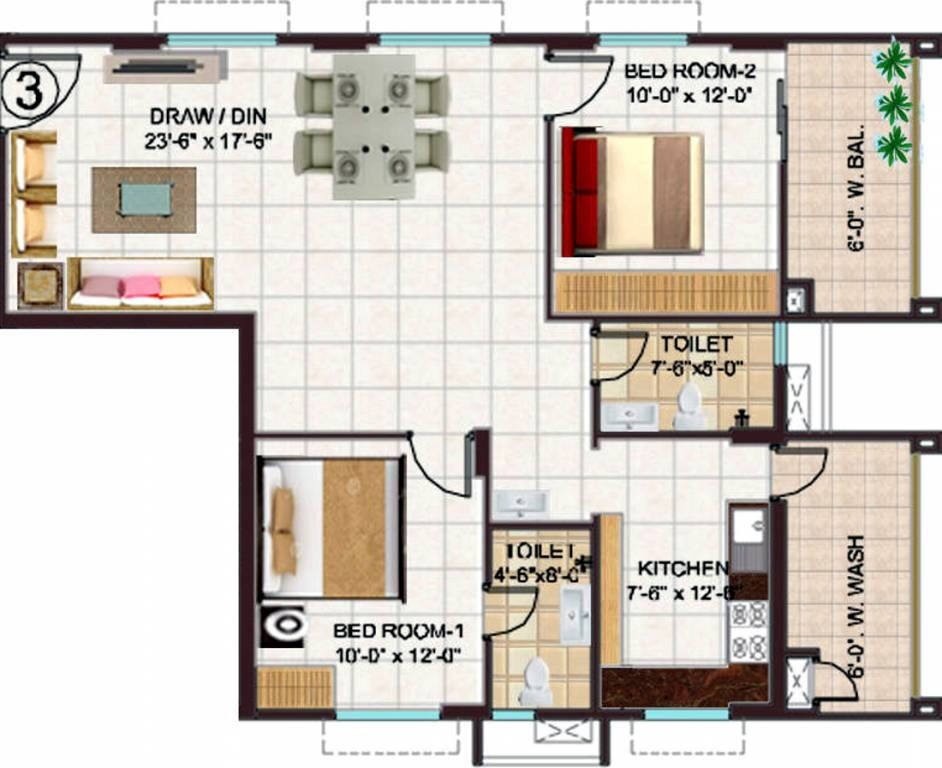 Floor plan of 2 BHK 1344 Sq. Ft. Apartment in Manjeera Monarch, Vijayawada
