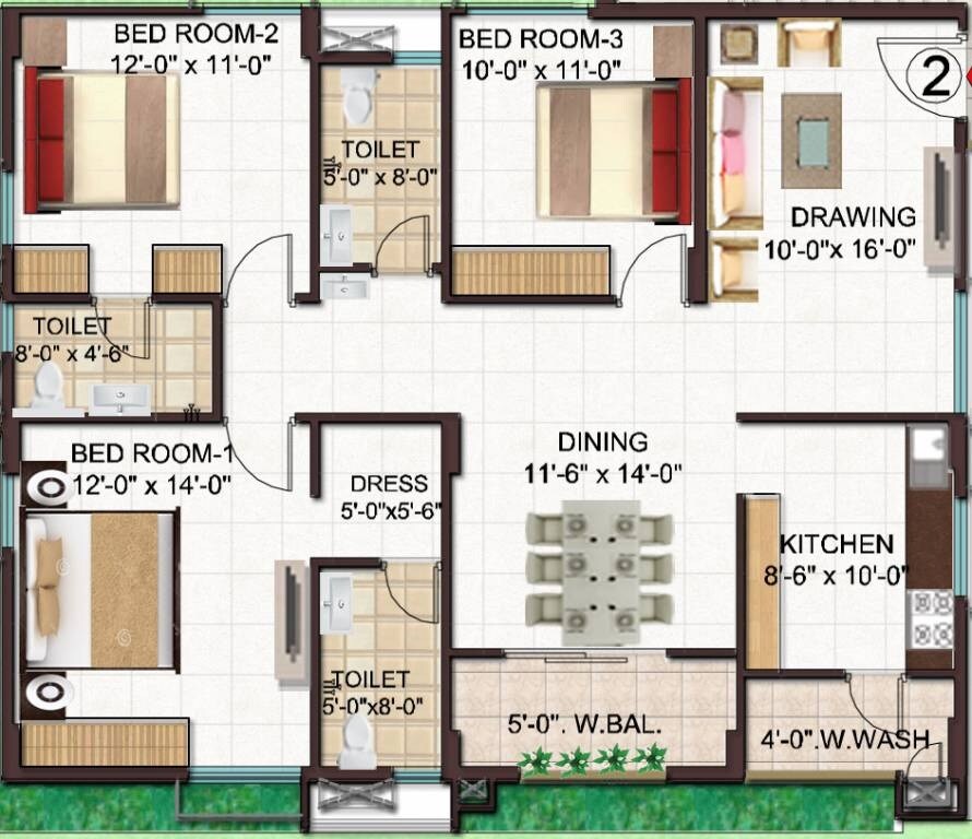 Floor plan of 3 BHK 1574 Sq. Ft. Apartment in Manjeera Monarch, Vijayawada