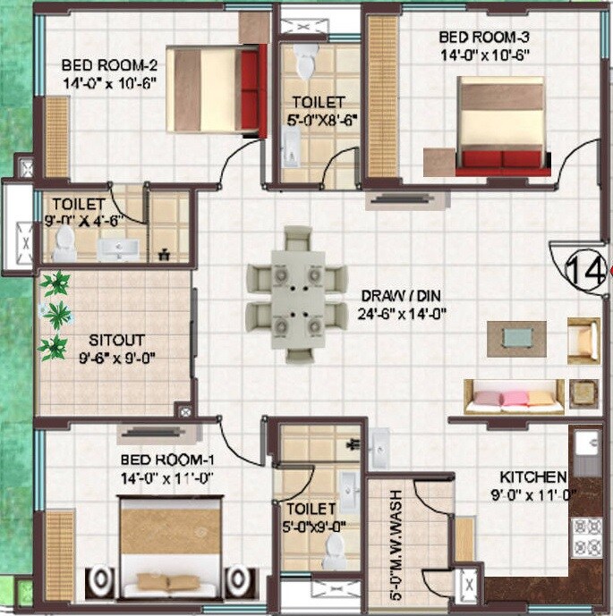 Floor plan of 3 BHK 1636 Sq. Ft. Apartment in Manjeera Monarch, Vijayawada