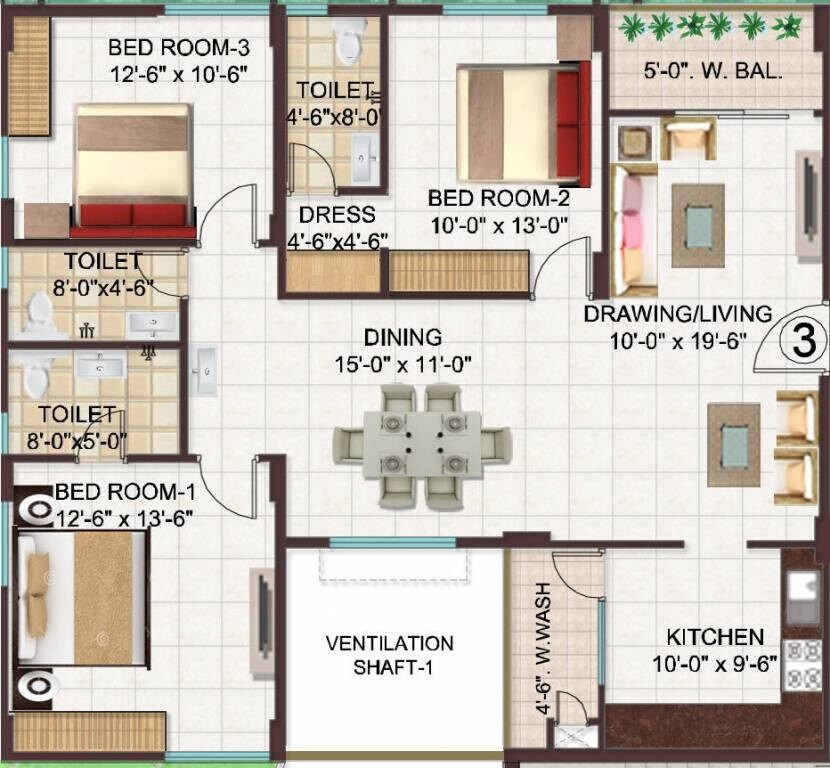 Floor plan of 3 BHK 1663 Sq. Ft. Apartment in Manjeera Monarch, Vijayawada
