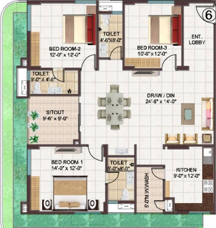 Floor plan of 3 BHK 1755 Sq. Ft. Apartment in Manjeera Monarch, Vijayawada