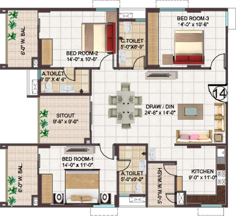 Floor plan of 3 BHK 1823 Sq. Ft. Apartment in Manjeera Monarch, Vijayawada