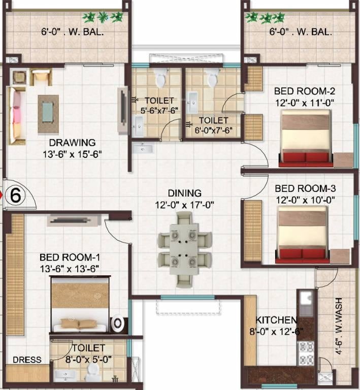 Floor plan of 3 BHK 1845 Sq. Ft. Apartment in Manjeera Monarch, Vijayawada