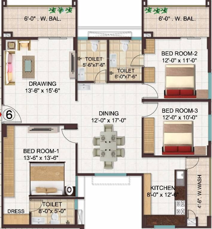 3 BHK 1845 Sq. Ft. Apartment