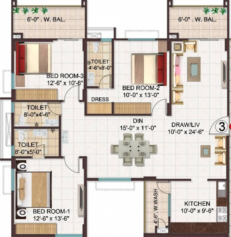 Floor plan of 3 BHK 1853 Sq. Ft. Apartment in Manjeera Monarch, Vijayawada