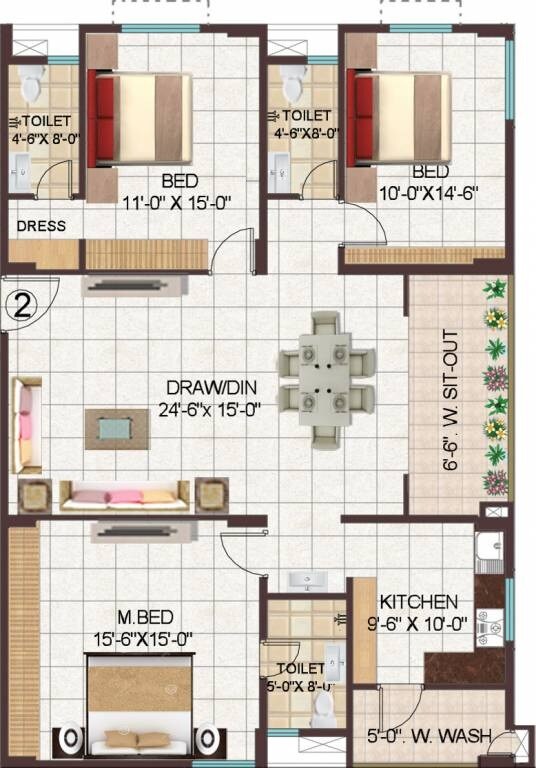 Floor plan of 3 BHK 1884 Sq. Ft. Apartment in Manjeera Monarch, Vijayawada