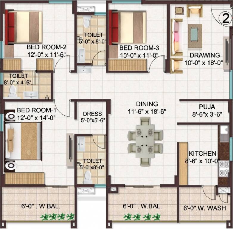 Floor plan of 3 BHK 1911 Sq. Ft. Apartment in Manjeera Monarch, Vijayawada
