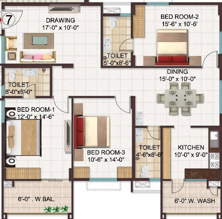 Floor plan of 3 BHK 1954 Sq. Ft. Apartment in Manjeera Monarch, Vijayawada