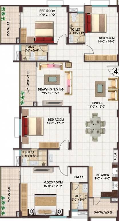 Floor plan of 4 BHK 2724 Sq. Ft. Apartment in Manjeera Monarch, Vijayawada