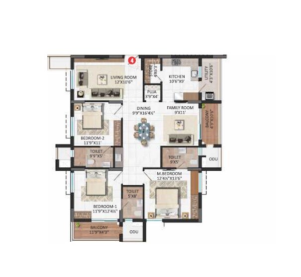 Floor plan of 3 BHK 1205 Sq. Ft. Apartment in MBMR Viha, Vijayawada