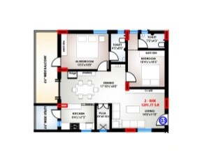 Floor plan of 2 BHK 1291 Sq. Ft. Apartment in Mega Sarovar, Vijayawada