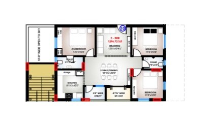 Floor plan of 3 BHK 1297 Sq. Ft. Apartment in Mega Sarovar, Vijayawada