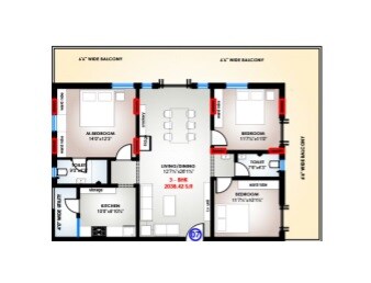 Floor plan of 3 BHK 2038 Sq. Ft. Apartment in Mega Sarovar, Vijayawada