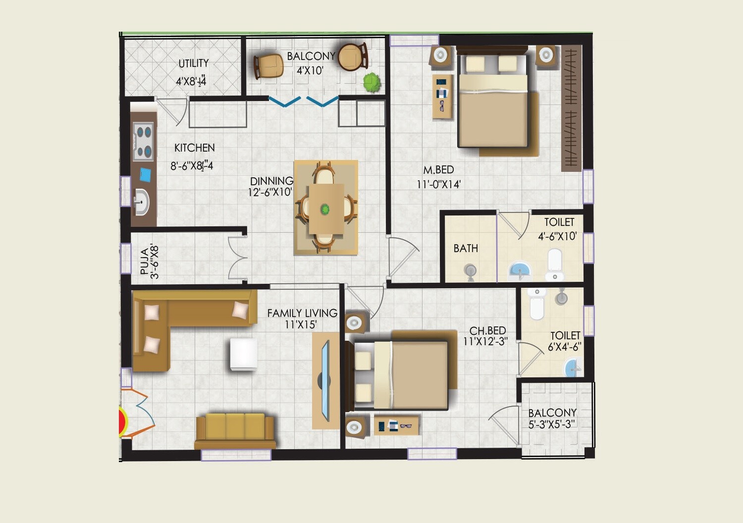 Floor plan of 2 BHK 1233 Sq. Ft. Apartment in MPR Vaishnavi Orchids, Vijayawada