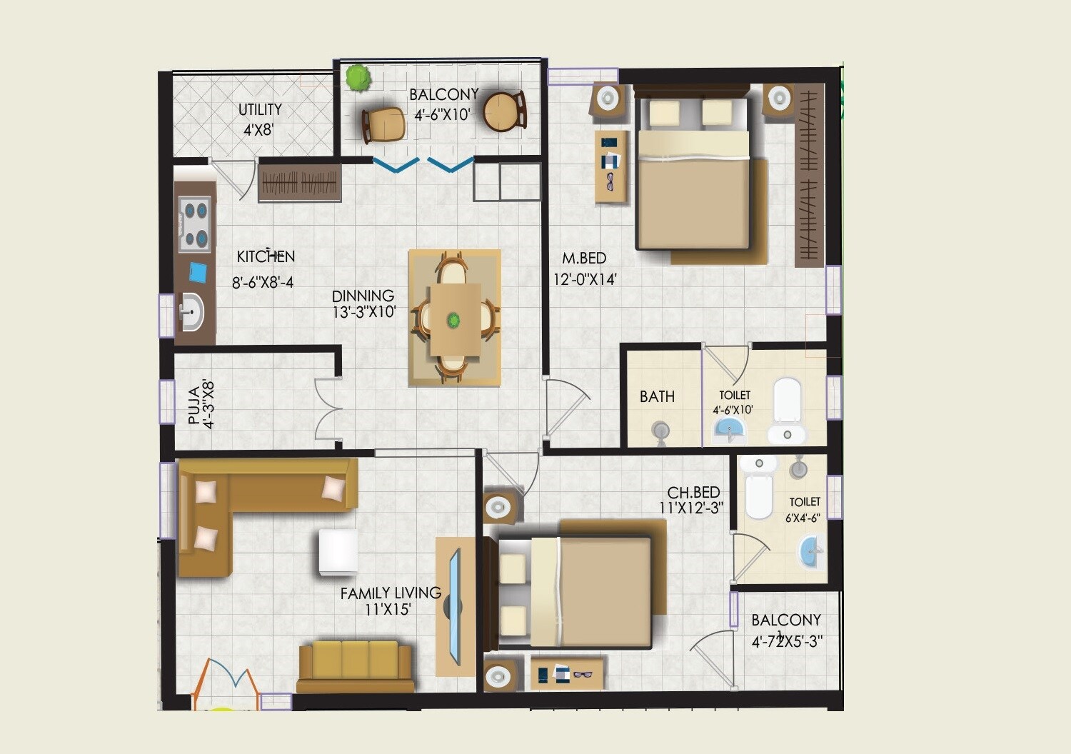 Floor plan of 2 BHK 1287 Sq. Ft. Apartment in MPR Vaishnavi Orchids, Vijayawada