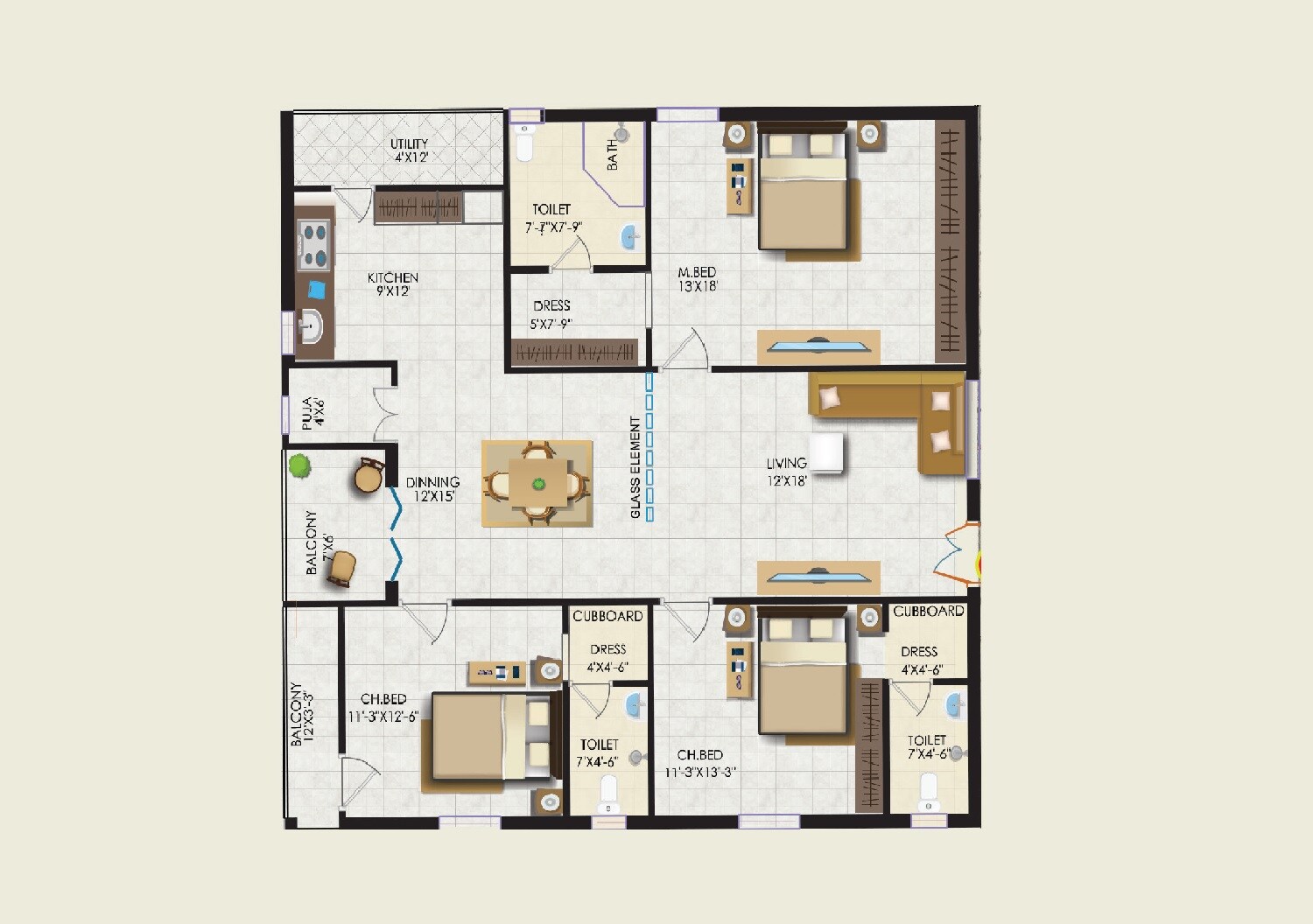 Floor plan of 3 BHK 1953 Sq. Ft. Apartment in MPR Vaishnavi Orchids, Vijayawada
