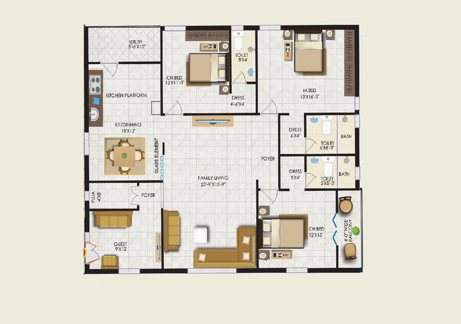 Floor plan of 3 BHK 2484 Sq. Ft. Apartment in MPR Vaishnavi Orchids, Vijayawada