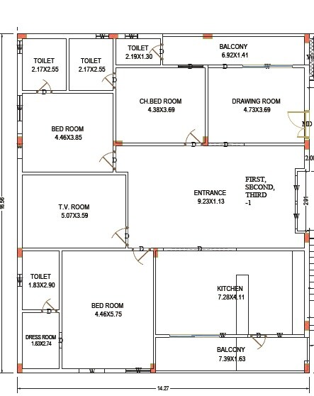 Floor plan of 3 BHK 2807 Sq. Ft. Apartment in Musunuru Mansion, Vijayawada