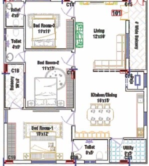 Floor plan of 3 BHK 1167 Sq. Ft. Apartment in Padma Grand, Vijayawada
