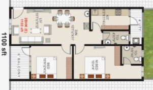 Floor plan of 2 BHK 1100 Sq. Ft. Apartment in Pavan Rivera, Vijayawada