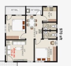 Floor plan of 2 BHK 970 Sq. Ft. Apartment in Pavan Rivera, Vijayawada