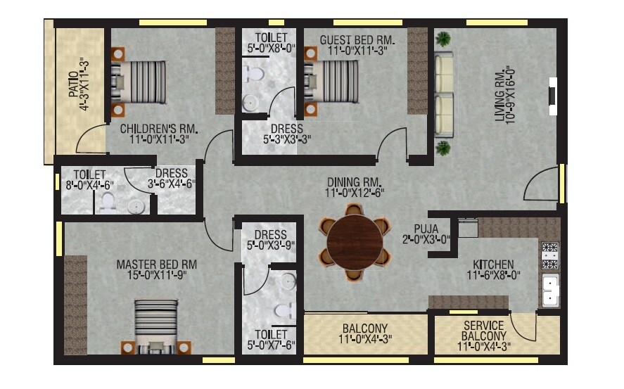 Floor plan of 3 BHK 1745 Sq. Ft. Apartment in Pioneer Casa Grande, Vijayawada