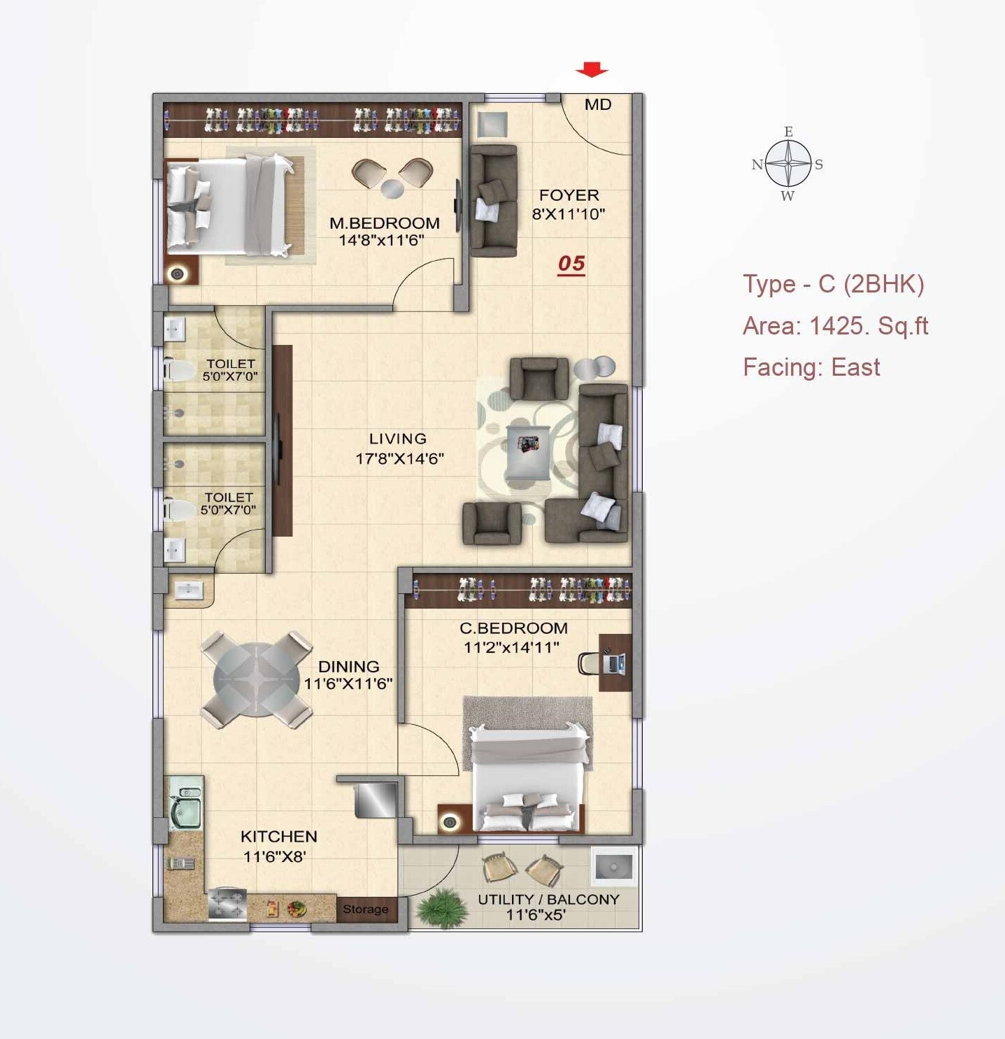 Floor plan of 2 BHK 1425 Sq. Ft. Apartment in Prasiddhi Sri Rama Temple Bells, Vijayawada