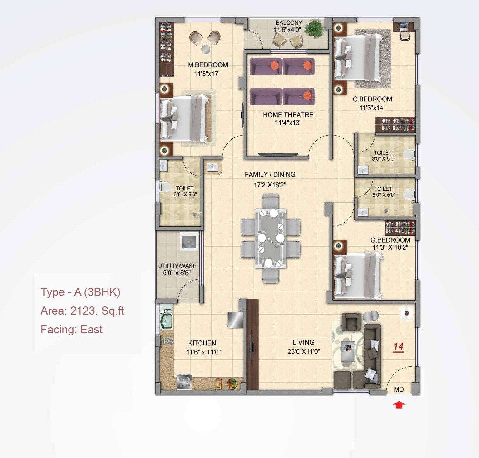 Floor plan of 3 BHK 2123 Sq. Ft. Apartment in Prasiddhi Sri Rama Temple Bells, Vijayawada