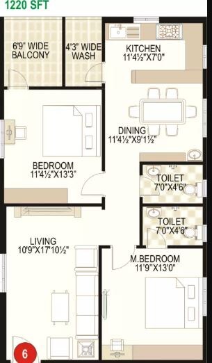 Floor plan of 2 BHK 1220 Sq. Ft. Apartment in Prime Galaxy, Vijayawada