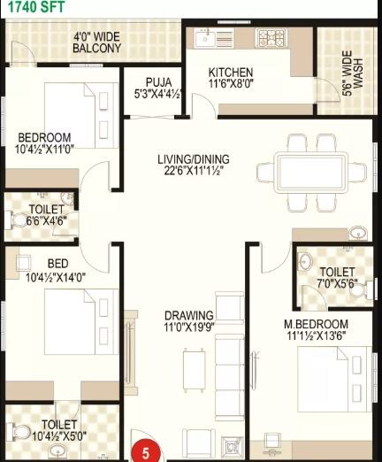 Floor plan of 3 BHK 1740 Sq. Ft. Apartment in Prime Galaxy, Vijayawada