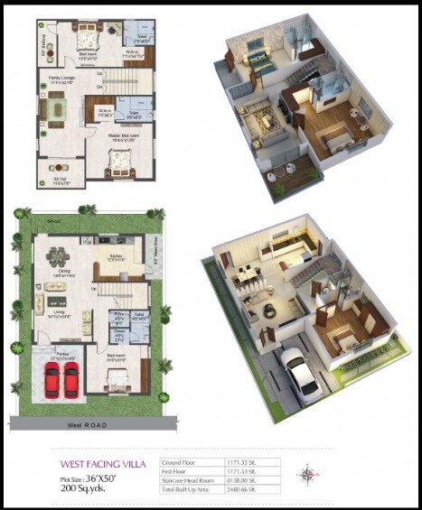 Floor plan of 3 BHK 2480 Sq. Ft. Villa in Prime Grandeur, Vijayawada